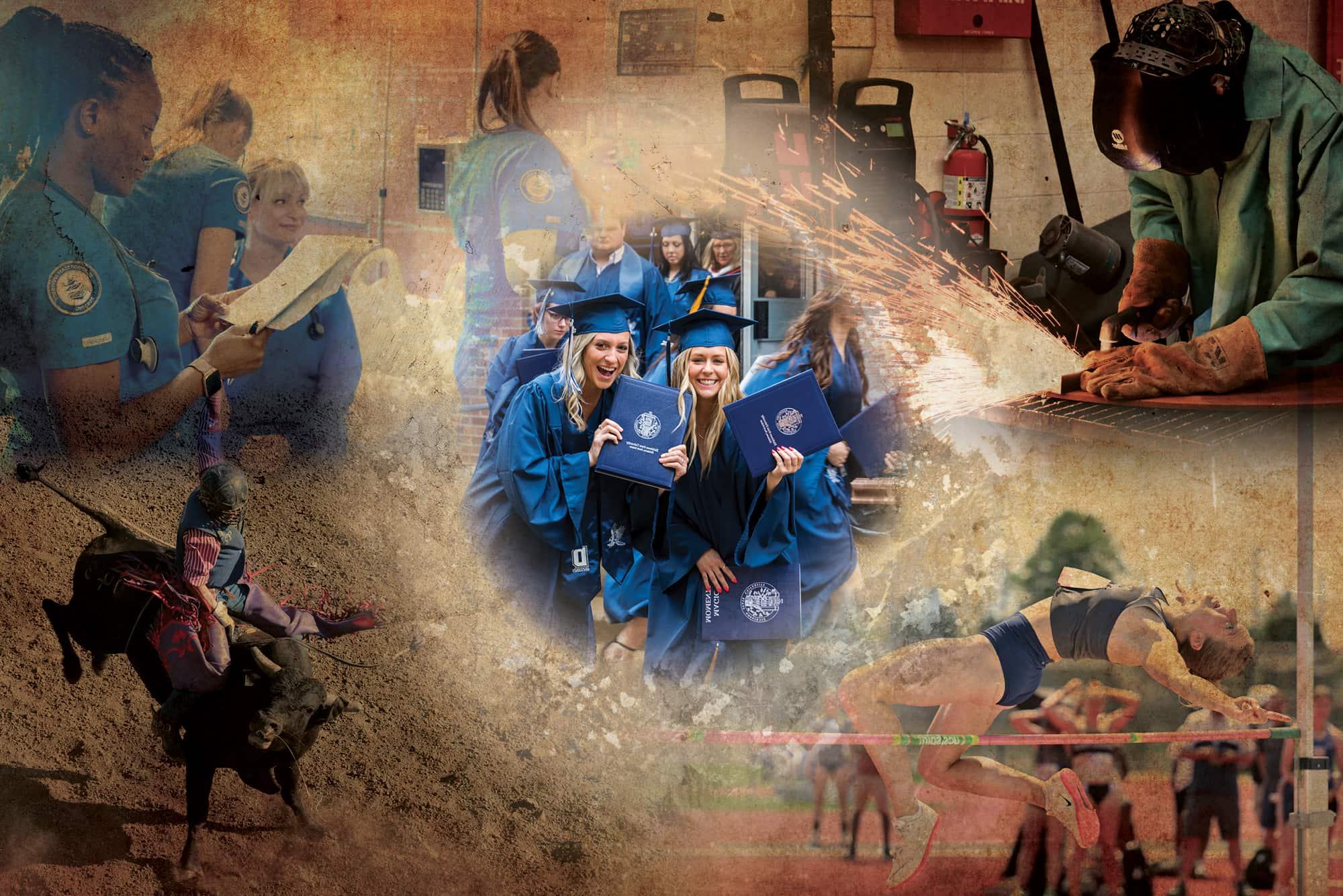 College of various student. A welder, nursing student, pole vaulter, bull rider and two students at commencement.