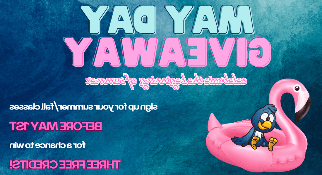 Small blue bird sitting on a inflatable pink flaminge in water. 五一节赠品 Celebrate the Biggining of Summer. Sign up for your summer/fall classes before May 1st for a chance to win three free credits. 