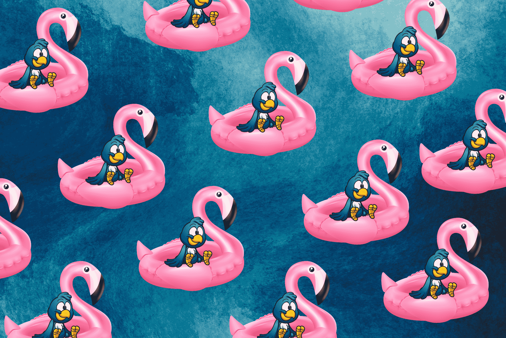Repeating pattern of a small blue bird sitting on a inflatable pink flaminge in water. 
